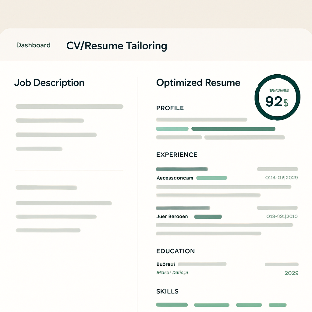 ResumeForge dashboard showing a CV optimized with an ATS match score of 92%